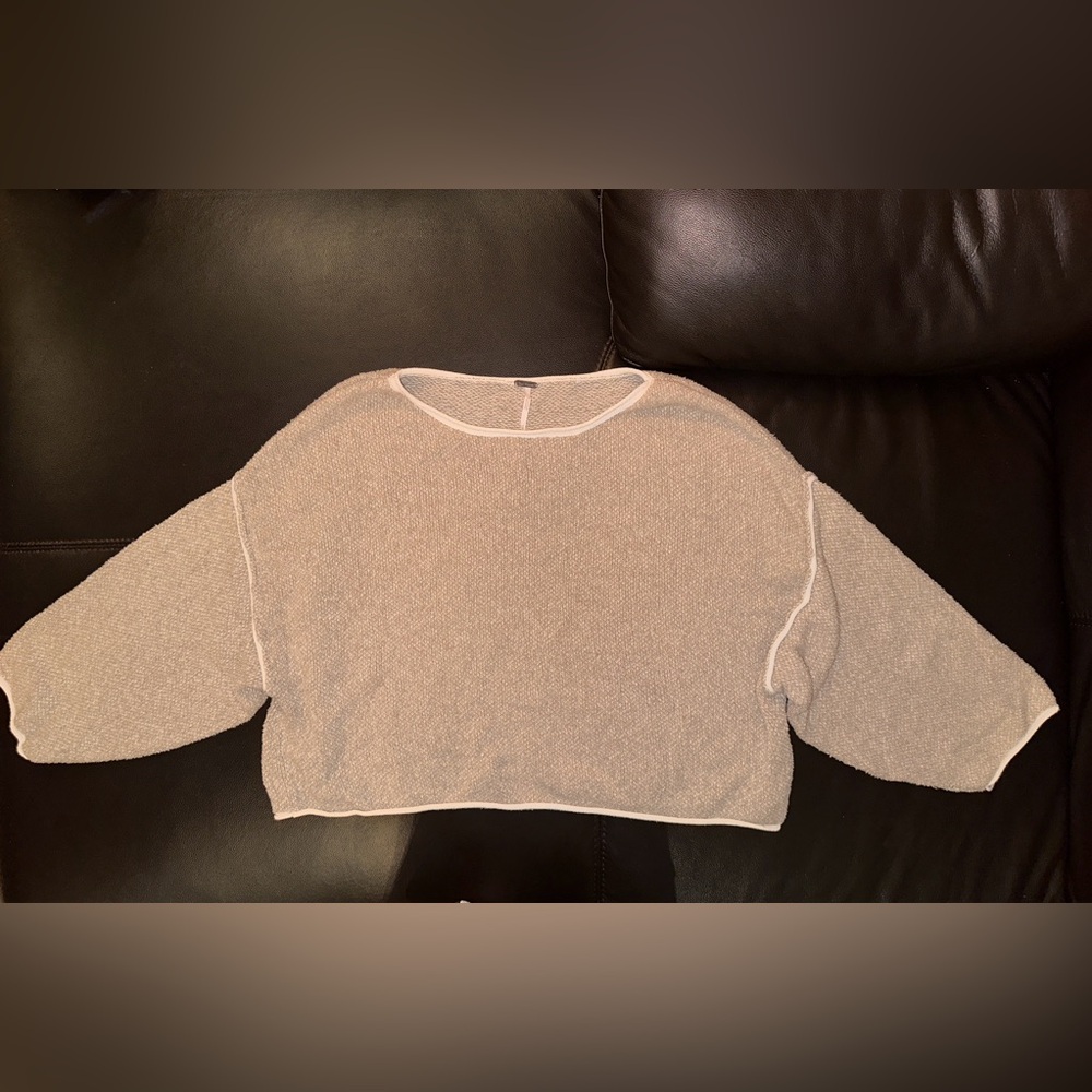 Free People Womens Bardot Oversized Sweatshirt S Beige Tan Cropped Sweater Boxy - Picture 2 of 6